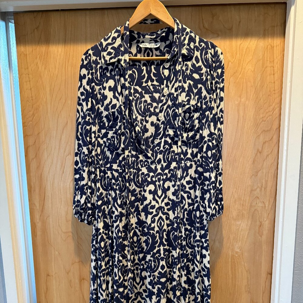 Zara Navy Blue White Printed Midi Shirt Dress